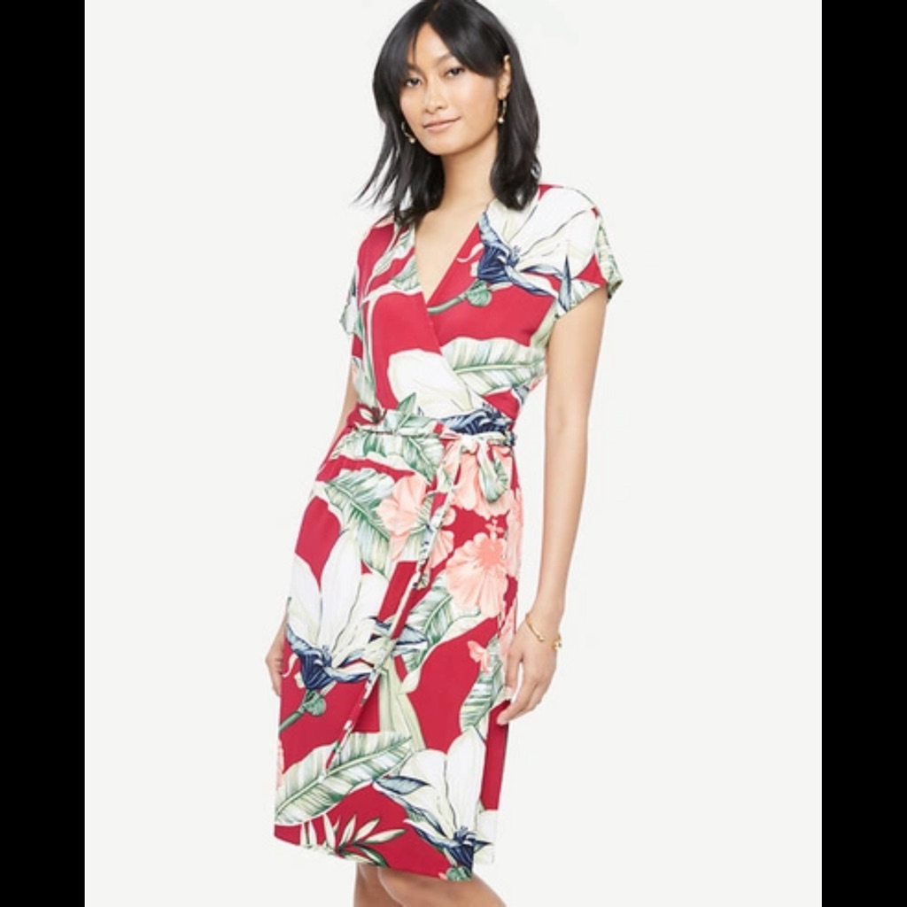 Ann Taylor Petite Palm Leaf Short Dolman Sleeve Wrap Dress In Beet Red
